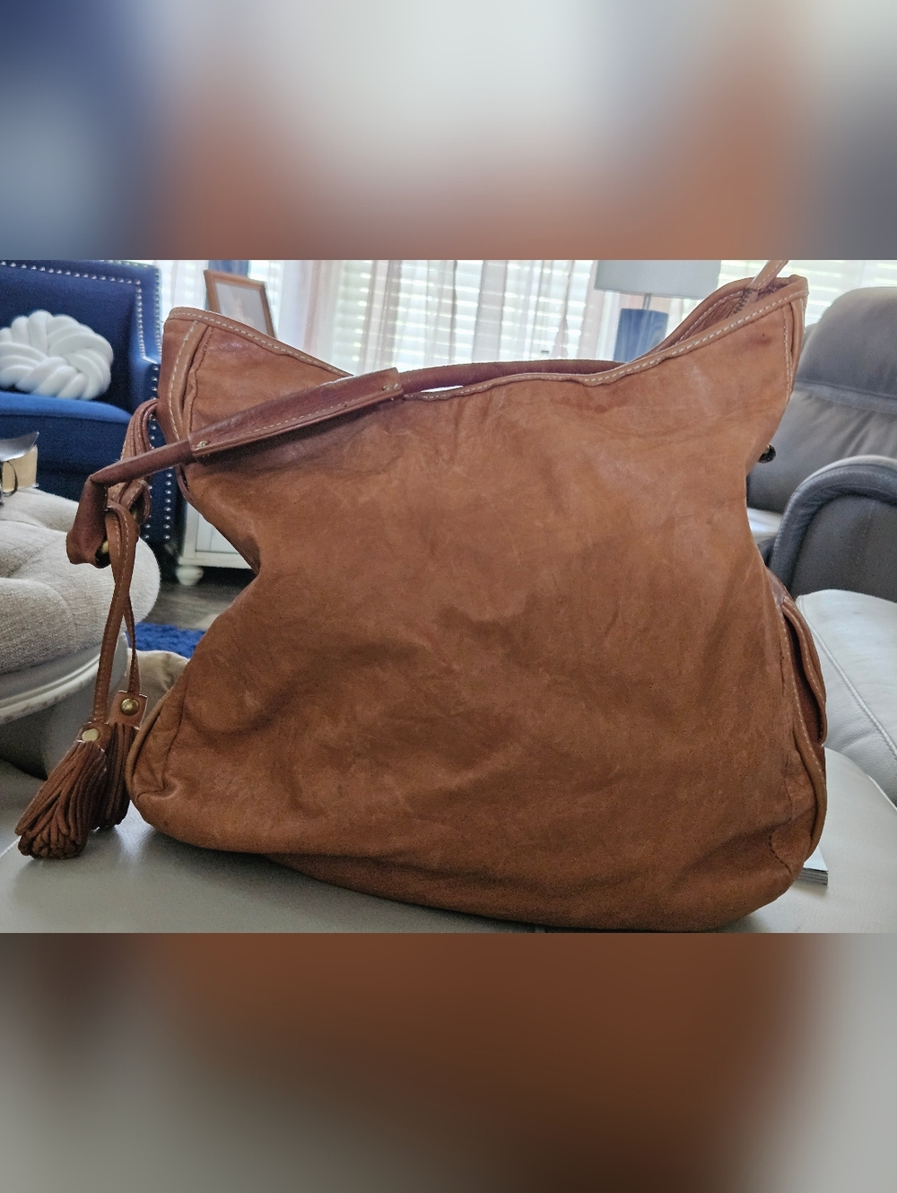 Classic Brown Leather Shoulder Bag with Tassel Wrinkled Soft Leather, 13x13 $25
